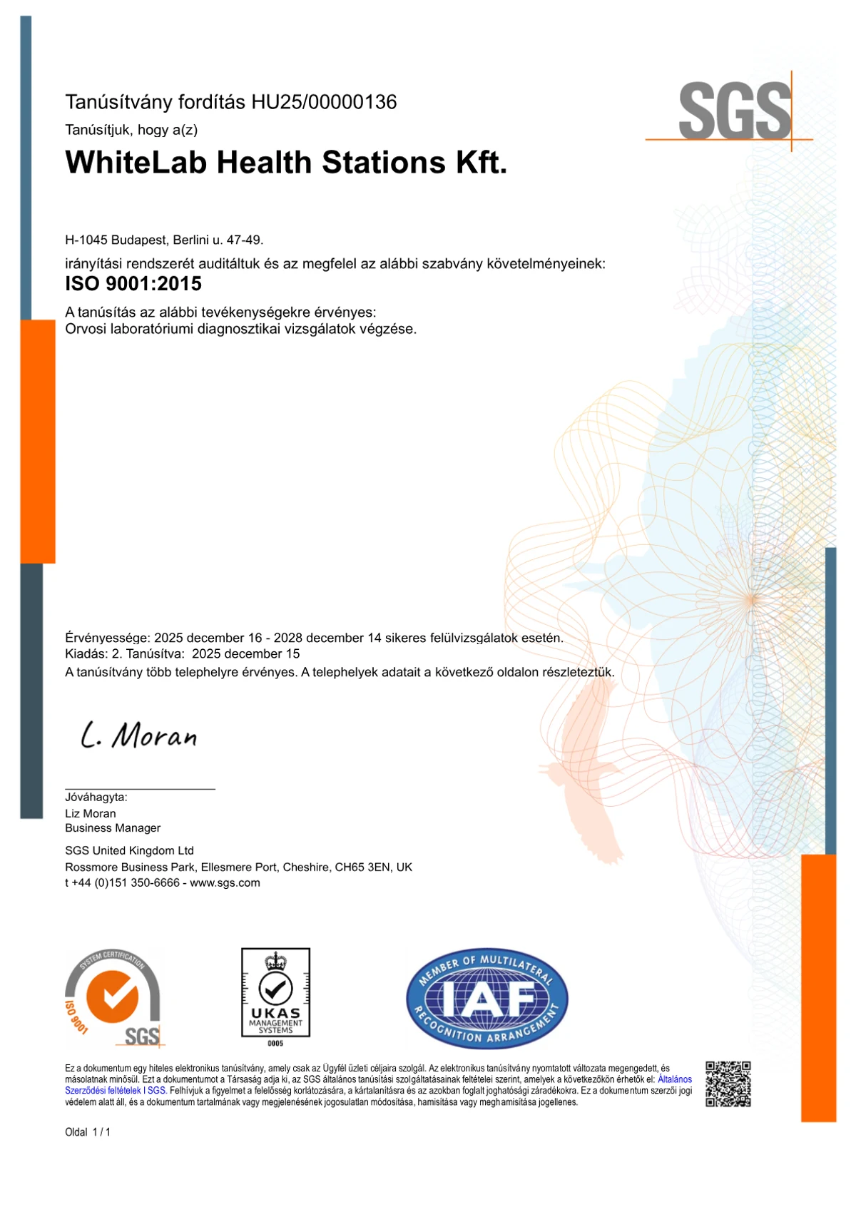 WhiteLab Health Stations Kft. ISO 9001:2015 tanúsítvány